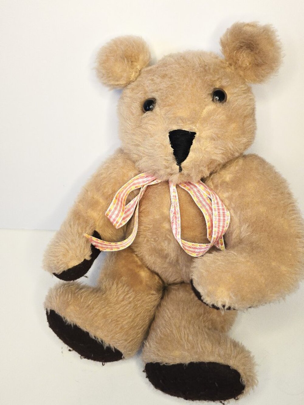 Vintage Jointed Teddy Bear Brown Mohair 18" Tall Pink Ribbon Felt Pads Moveable